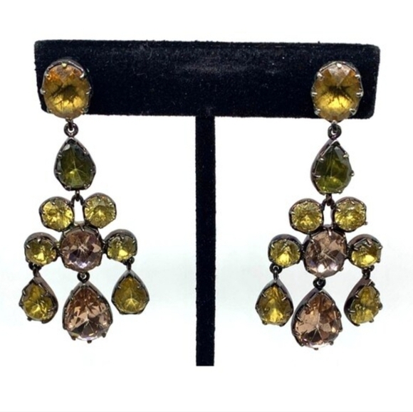 Stella & Dot Earrings, Pink Chandelier, Olive Green and Yellow Rhinestones - Picture 3 of 5